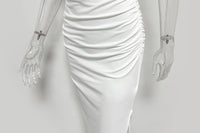 Sexy Round Neck Sleeveless Bodycon Dress Women's Off Shoulder Pleated Split Wrapped Hip Dress Party Club Elegant Long Dress