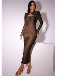 Articat Elegant Long Sleeved Elastic Tight Long Dress Pleated Hollowed Out Slim Vestido