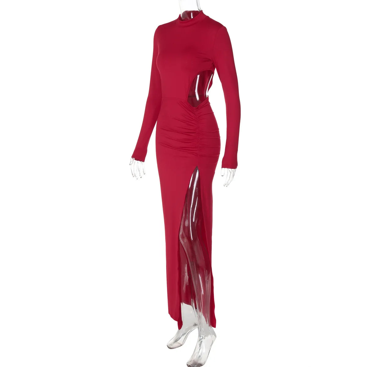 Sexy Maxi Dress Women Fashion Waist Cut Out Slim Party Dresses Red Long Sleeve Evening Party Christmas Dress