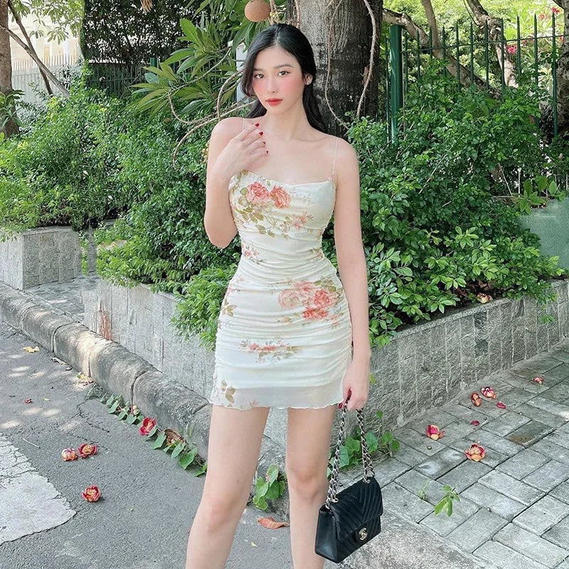 Women's Summer Short Dress Printed Halter Mesh Slim Retro Flower Dresses