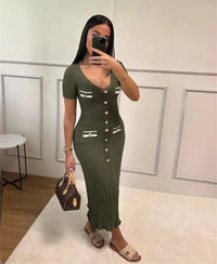 Office Lady Elegant Knitted Long Dress Summer Short Sleelve V Neck Single Breasted Bodycon Dresses Women Party Fashion Vestidos