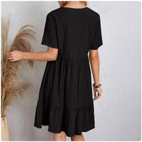 Women Summer Peplum Dresses V-Neck Short Sleeve Loose Waist Ruffle Fit Flare