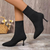 Ankle Boots Knitted Stretch Sock Boots Pointed Slip-on Casual Stiletto Office Botas Mujer