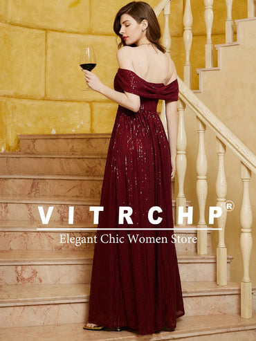 VITRCHP Luxury Evening Dress A-Line Floor Length Backless Split Sequins Long Prom Cocktail Dress