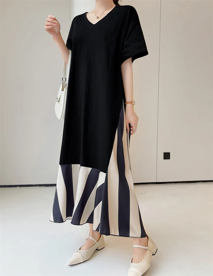 Vestidos Robe Elbise Loose Plus Size Patchwork Silk Velvet Stripe Long Dress