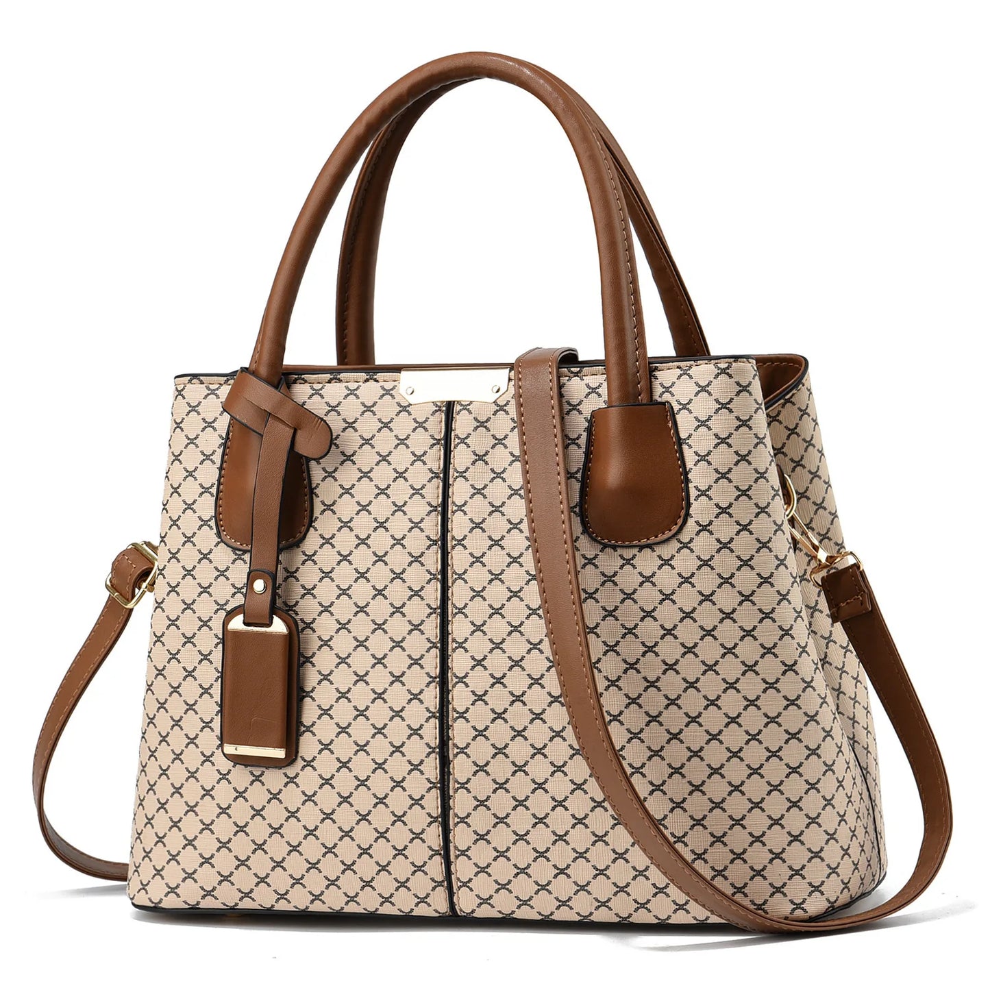 Elegant Flower Plaid Handbag: Versatile, Secure Zippered Satchel with Adjustable Strap & Polyester Lining