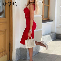 Women Solid Sleeveless with Belts Midi Bodycon Formal Party Red Dress