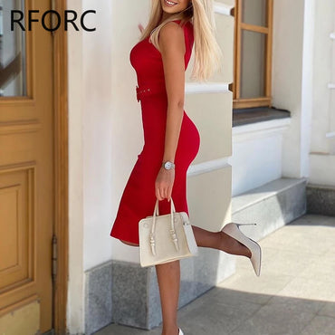 Women Solid Sleeveless with Belts Midi Bodycon Formal Party Red Dress
