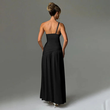wind strap oblique shoulder pleated slit A swing dress slim-fit long dress women