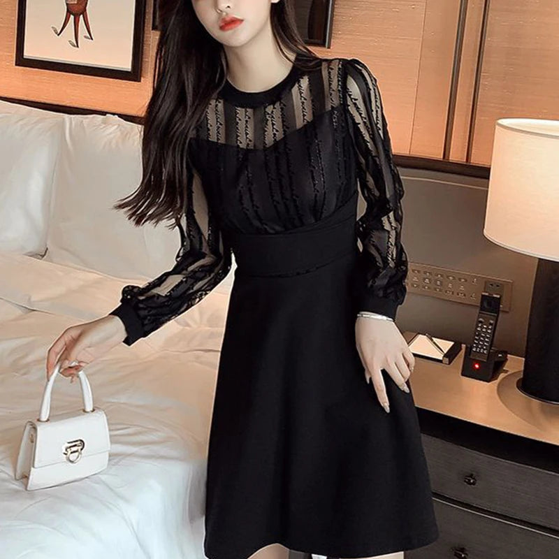 Elegant Mesh Patchwork Dress Ladies Long Sleeve Waist Black Vestido