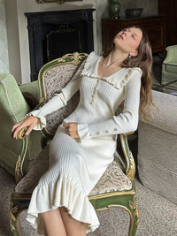 High Waist Ruffled Maxi Dresses For Women Knitted Slim Long Dress Women's Vintage Dress
