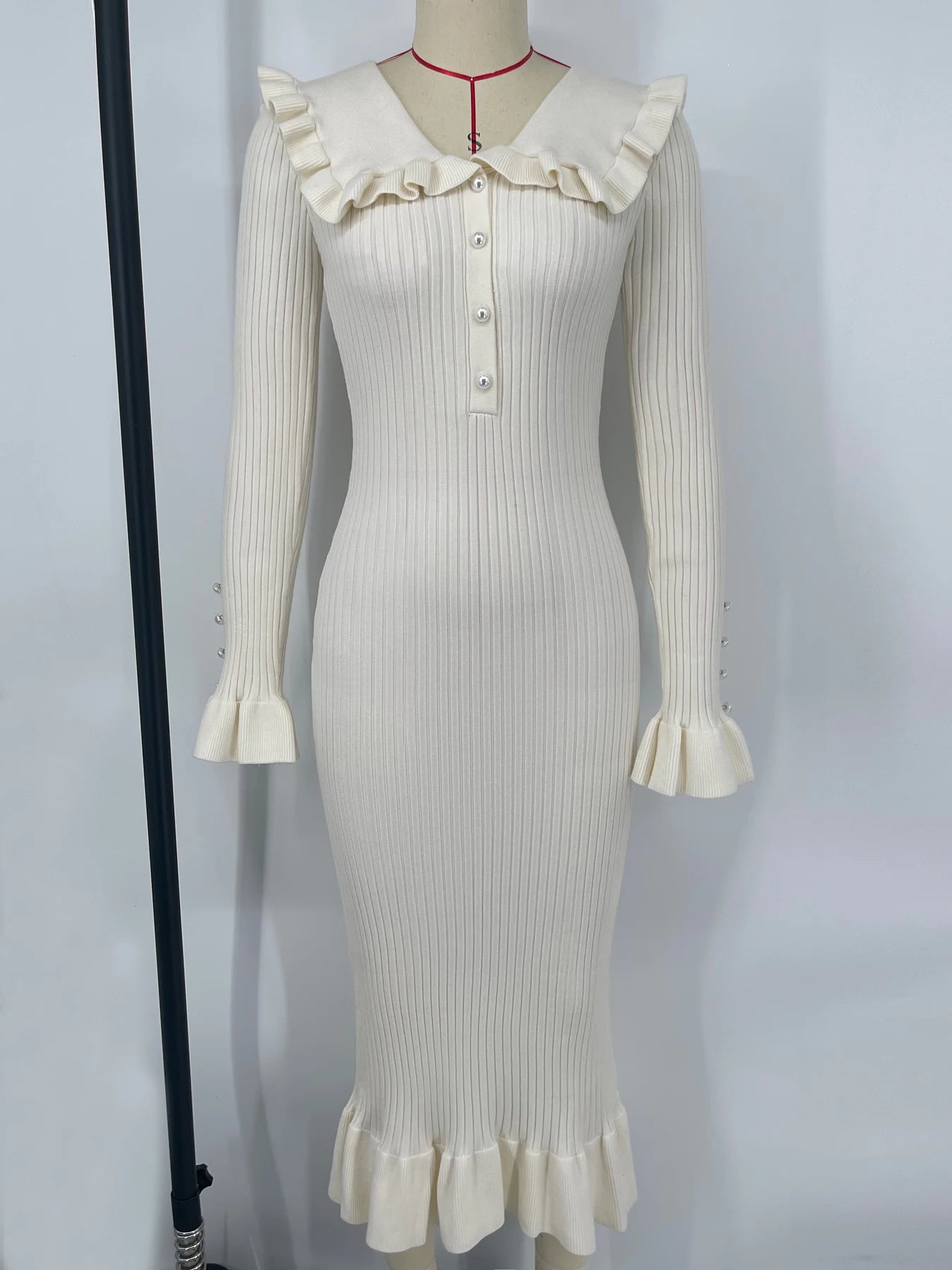 High Waist Ruffled Maxi Dresses For Women Knitted Slim Long Dress Women's Vintage Dress