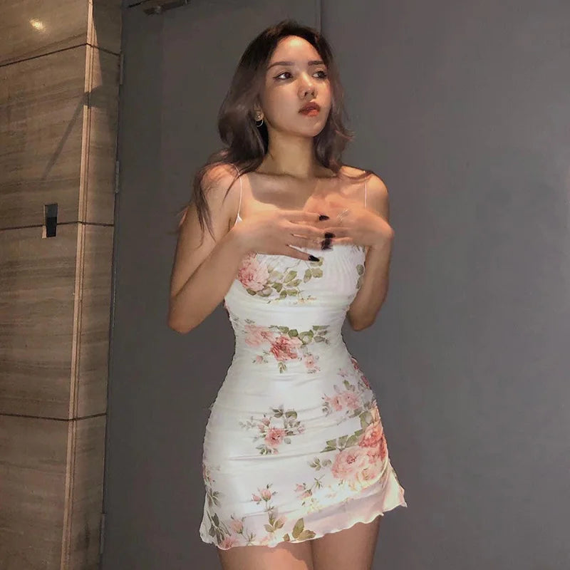 Women's Summer Short Dress Printed Halter Mesh Slim Retro Flower Dresses
