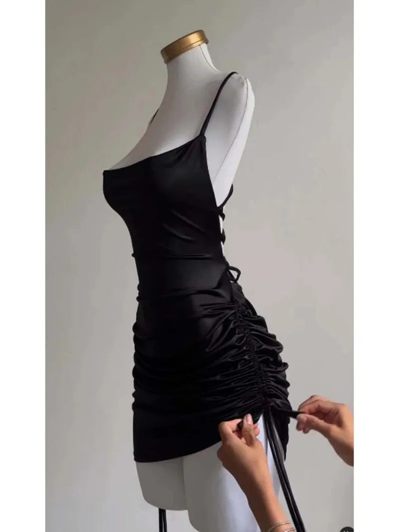 Women's Sexy Satin Lace Up Bodycon Mini Dress, Sleeveless, Backless, Party Club Dresses, Elegant Evening Clothes, Black Robe