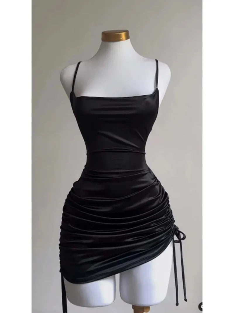 Women's Sexy Satin Lace Up Bodycon Mini Dress, Sleeveless, Backless, Party Club Dresses, Elegant Evening Clothes, Black Robe