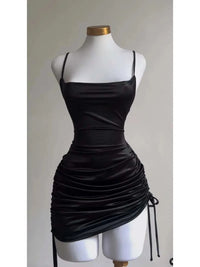 Women's Sexy Satin Lace Up Bodycon Mini Dress, Sleeveless, Backless, Party Club Dresses, Elegant Evening Clothes, Black Robe