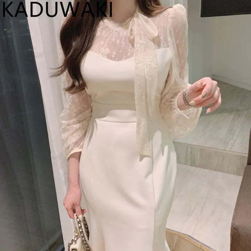 Elegant O Neck Lace Hook Flower Dress for Women Back Tie Bow Long Fishtail Slim Fit Dresses Vintage Feminine Bodycon Vestidos