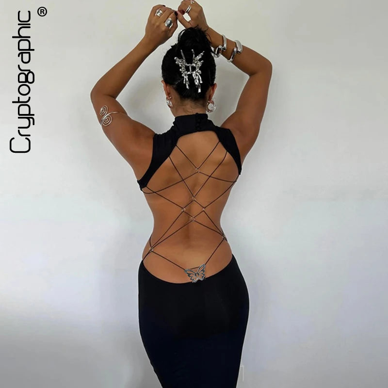 Cryptographic Sexy Backless Bandage Butterfly Detail Long Dress Elegant Outfits Robe