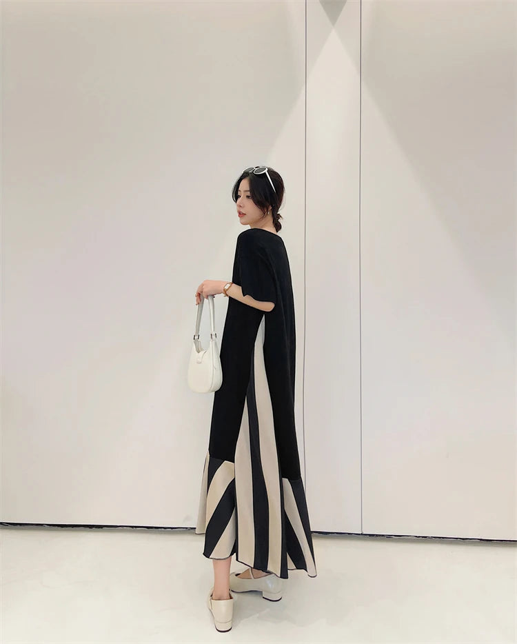 Vestidos Robe Elbise Loose Plus Size Patchwork Silk Velvet Stripe Long Dress