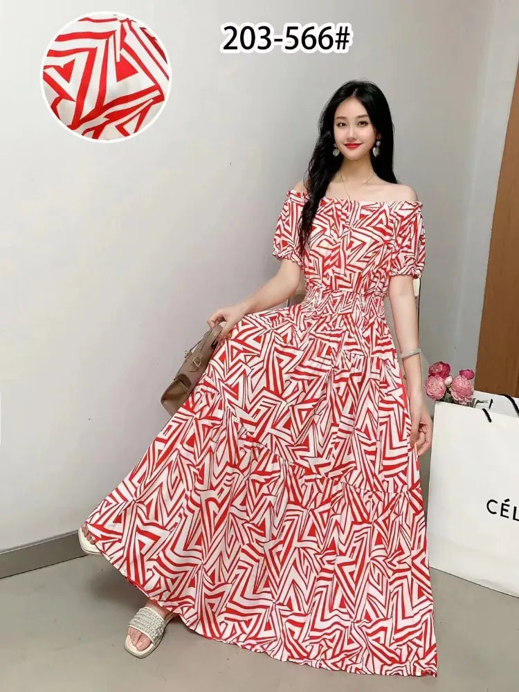 Long Dress Women Bohemian Cotton Linen Floral Short Sleeve Korean Style Casual