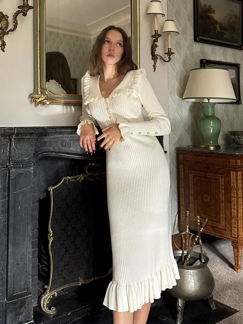 High Waist Ruffled Maxi Dresses For Women Knitted Slim Long Dress Women's Vintage Dress