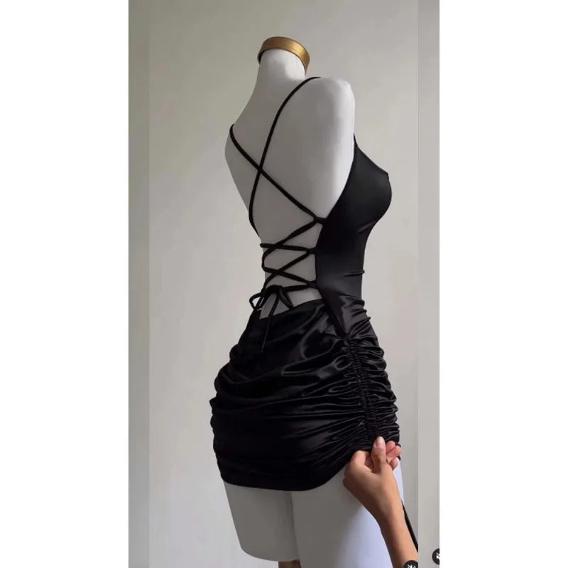 Women's Sexy Satin Lace Up Bodycon Mini Dress, Sleeveless, Backless, Party Club Dresses, Elegant Evening Clothes, Black Robe