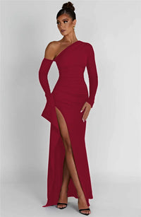 Oblique Shoulder Thigh High Split Maxi Dress Women Long Sleeve Backless Bodycon Sexy Club Party Long Dress Vestidos
