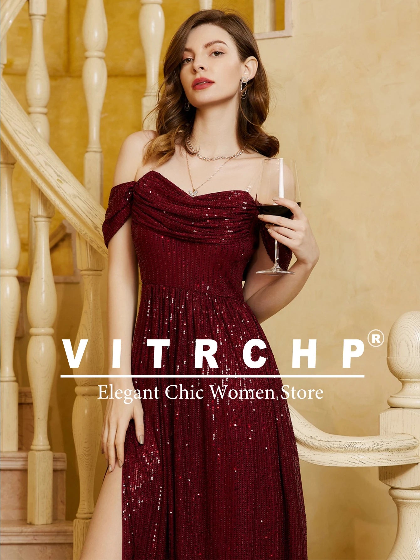 VITRCHP Luxury Evening Dress A-Line Floor Length Backless Split Sequins Long Prom Cocktail Dress
