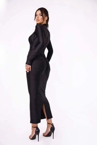 Articat Elegant Long Sleeved Elastic Tight Long Dress Pleated Hollowed Out Slim Vestido