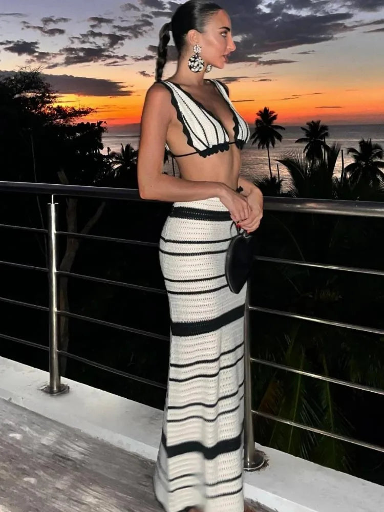 Women Knit Beach Skirt Sets Summer Sexy Backless Slim Bohemian Dress Two Piece  Sets