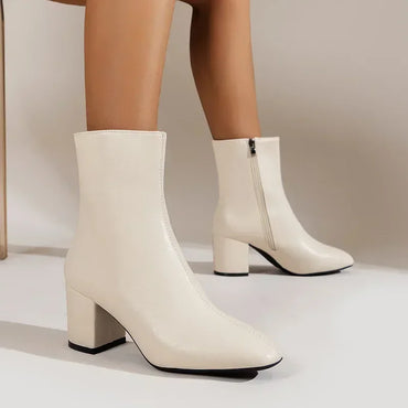 Ankle Boots for Women Side Zipper Stretch Middle Heel Botas De Mujer