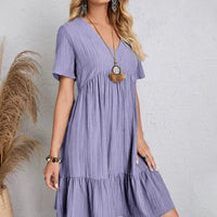 Women Summer Peplum Dresses V-Neck Short Sleeve Loose Waist Ruffle Fit Flare