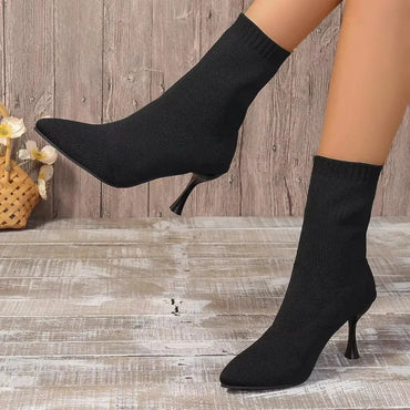 Ankle Boots Knitted Stretch Sock Boots Pointed Slip-on Casual Stiletto Office Botas Mujer