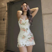 Women's Summer Short Dress Printed Halter Mesh Slim Retro Flower Dresses