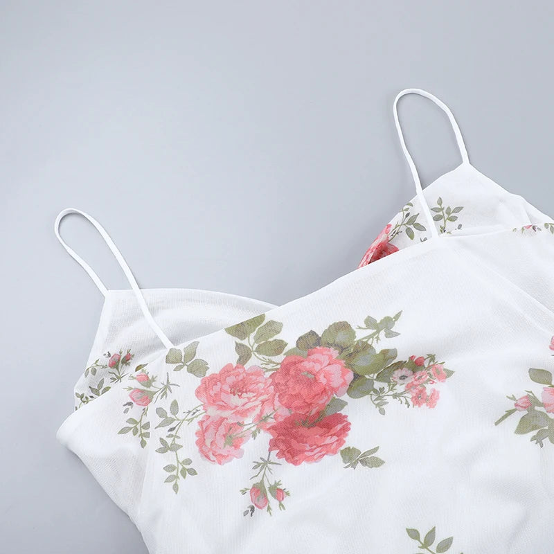 Women's Summer Short Dress Printed Halter Mesh Slim Retro Flower Dresses