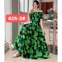 Long Dress Women Bohemian Cotton Linen Floral Short Sleeve Korean Style Casual