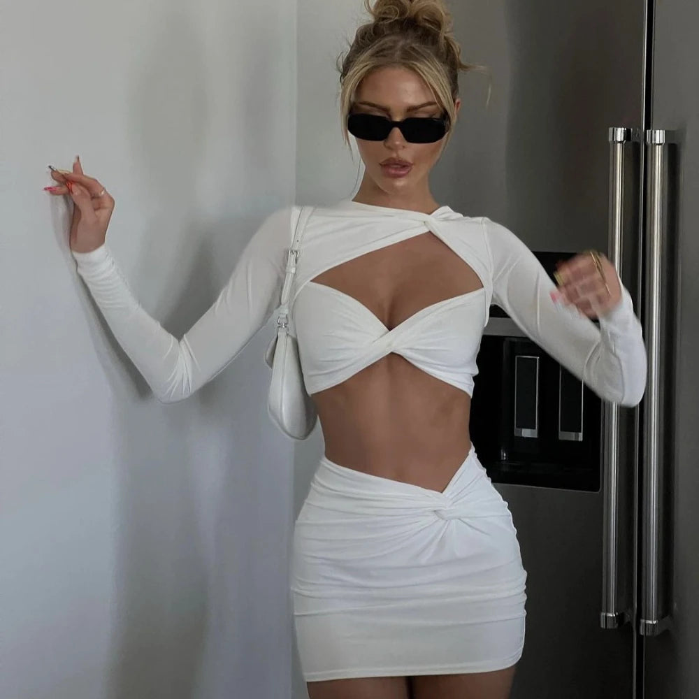 Meqeiss New Elegant Fashion Long Sleeve Sexy Cut Out Skirts 2 Piece Sets Lady Outfits Matching Sets Twist Crop Top and Skirts