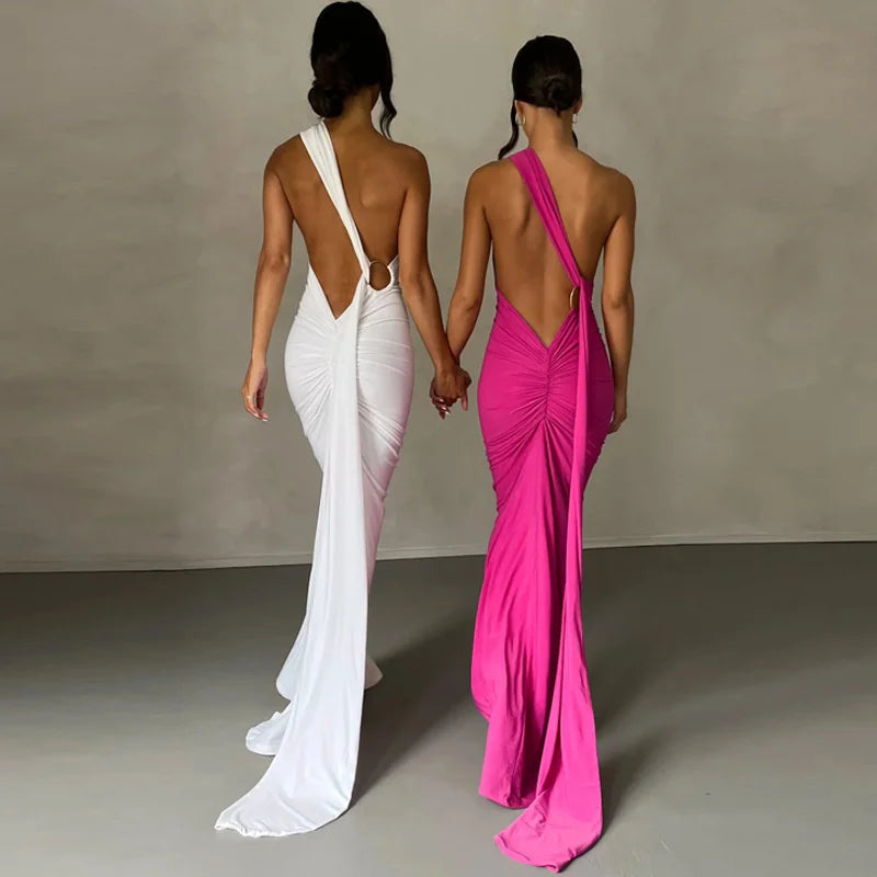 Oblique Shoulder Backless Maxi Dress For Women Gown Back Strap Sleeveless
