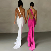 Oblique Shoulder Backless Maxi Dress For Women Gown Back Strap Sleeveless