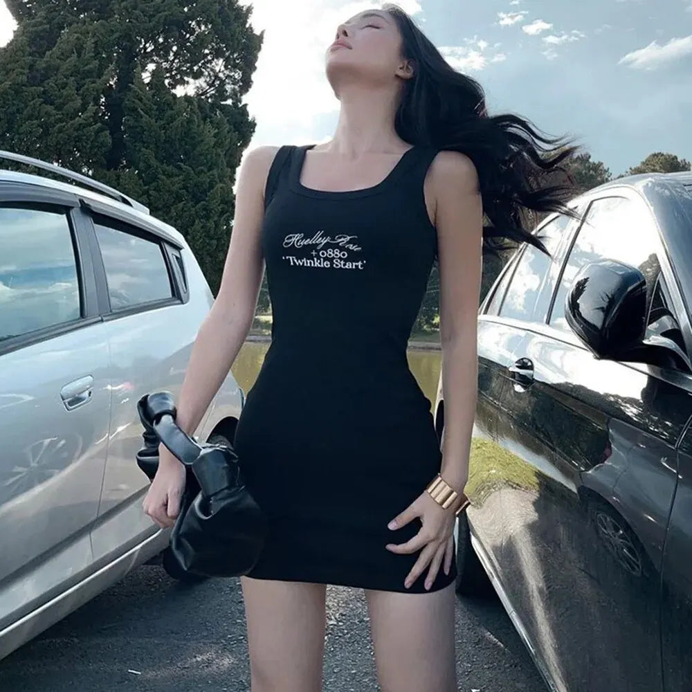 Mini Dresses for Women Short Ribbed Scoop Neck Sleeveless Casual Club Party Tank Y2k Cute Basic Fitted Bodycon Dress