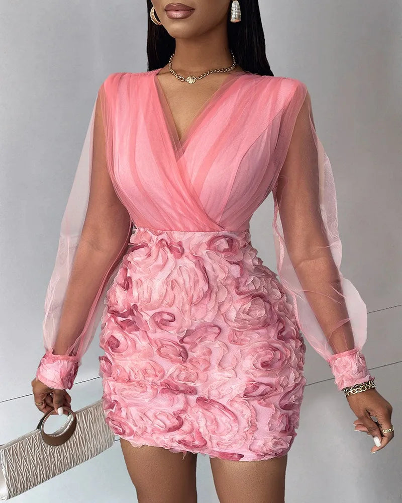 Women Floral Pattern Sheer Mesh Patch Long Sleeve V-Neck Elegant Dress