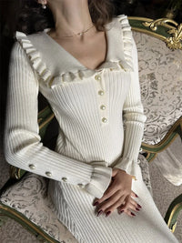 High Waist Ruffled Maxi Dresses For Women Knitted Slim Long Dress Women's Vintage Dress