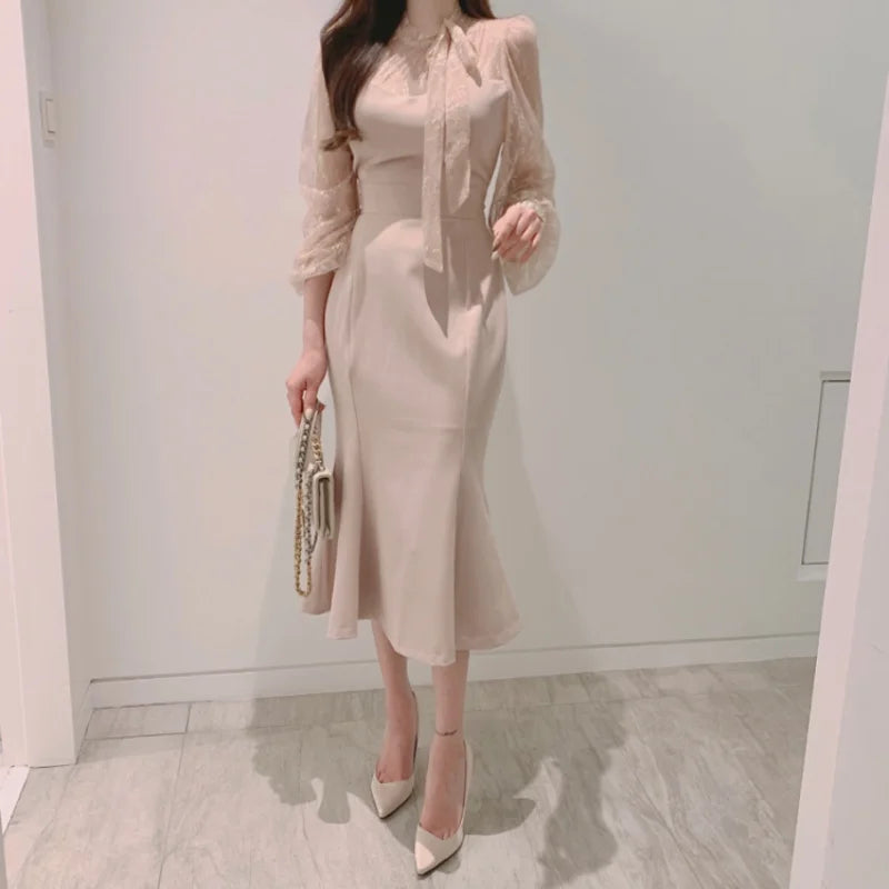 Elegant O Neck Lace Hook Flower Dress for Women Back Tie Bow Long Fishtail Slim Fit Dresses Vintage Feminine Bodycon Vestidos