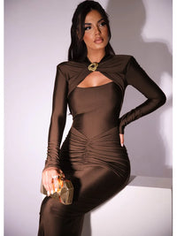 Articat Elegant Long Sleeved Elastic Tight Long Dress Pleated Hollowed Out Slim Vestido