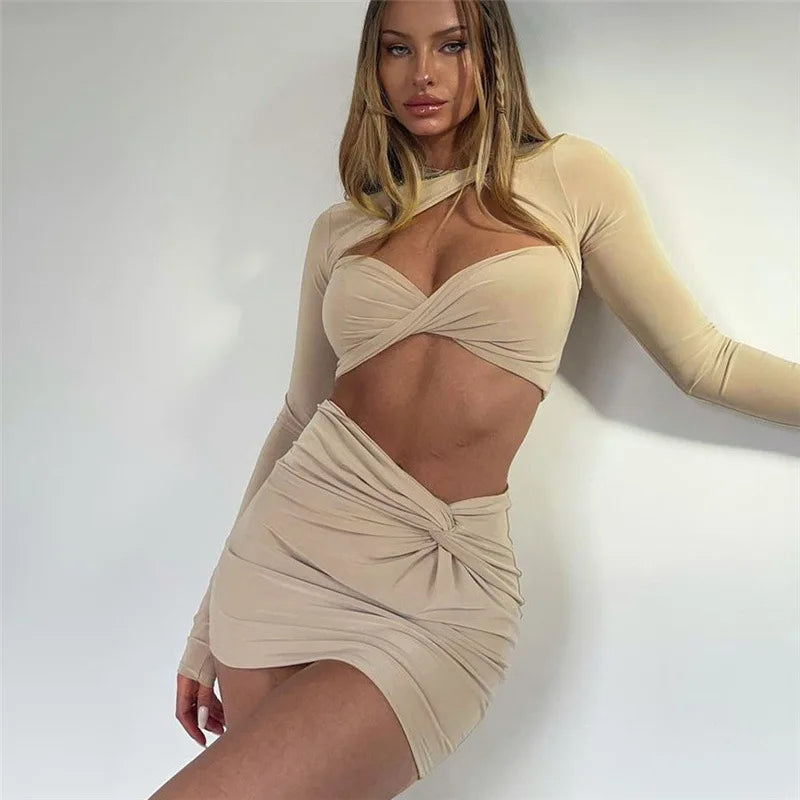 Meqeiss New Elegant Fashion Long Sleeve Sexy Cut Out Skirts 2 Piece Sets Lady Outfits Matching Sets Twist Crop Top and Skirts