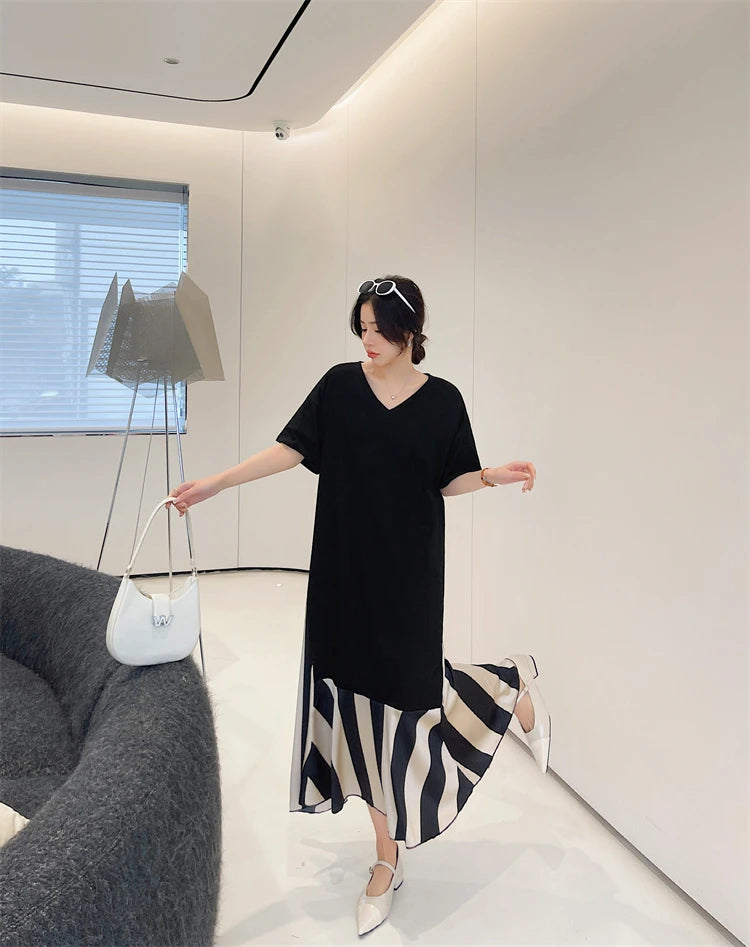 Vestidos Robe Elbise Loose Plus Size Patchwork Silk Velvet Stripe Long Dress
