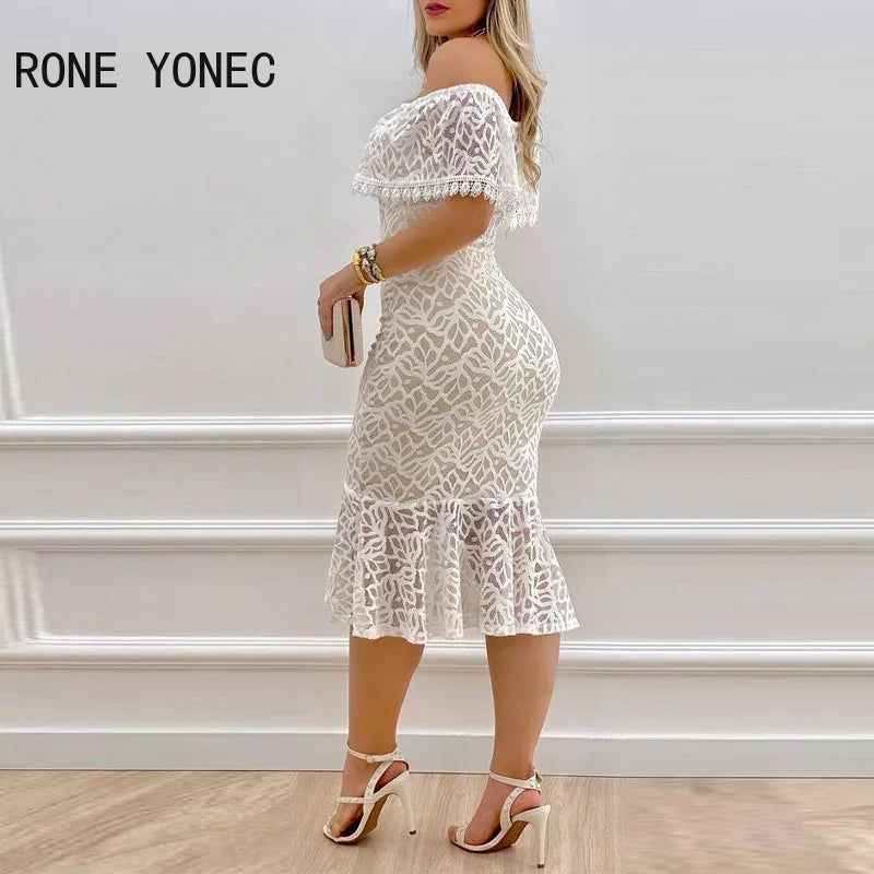 Women Solid Chic Off Shoulder Ruffle Hem Lace Hem Bodycon