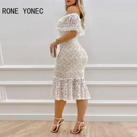Women Solid Chic Off Shoulder Ruffle Hem Lace Hem Bodycon