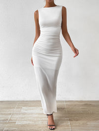 Sexy Round Neck Sleeveless Bodycon Dress Women's Off Shoulder Pleated Split Wrapped Hip Dress Party Club Elegant Long Dress