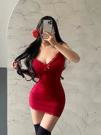 Sexy Mini Dress Lace Red Camisole Sundress Sleeveless V-Neck Bodycon Dresses